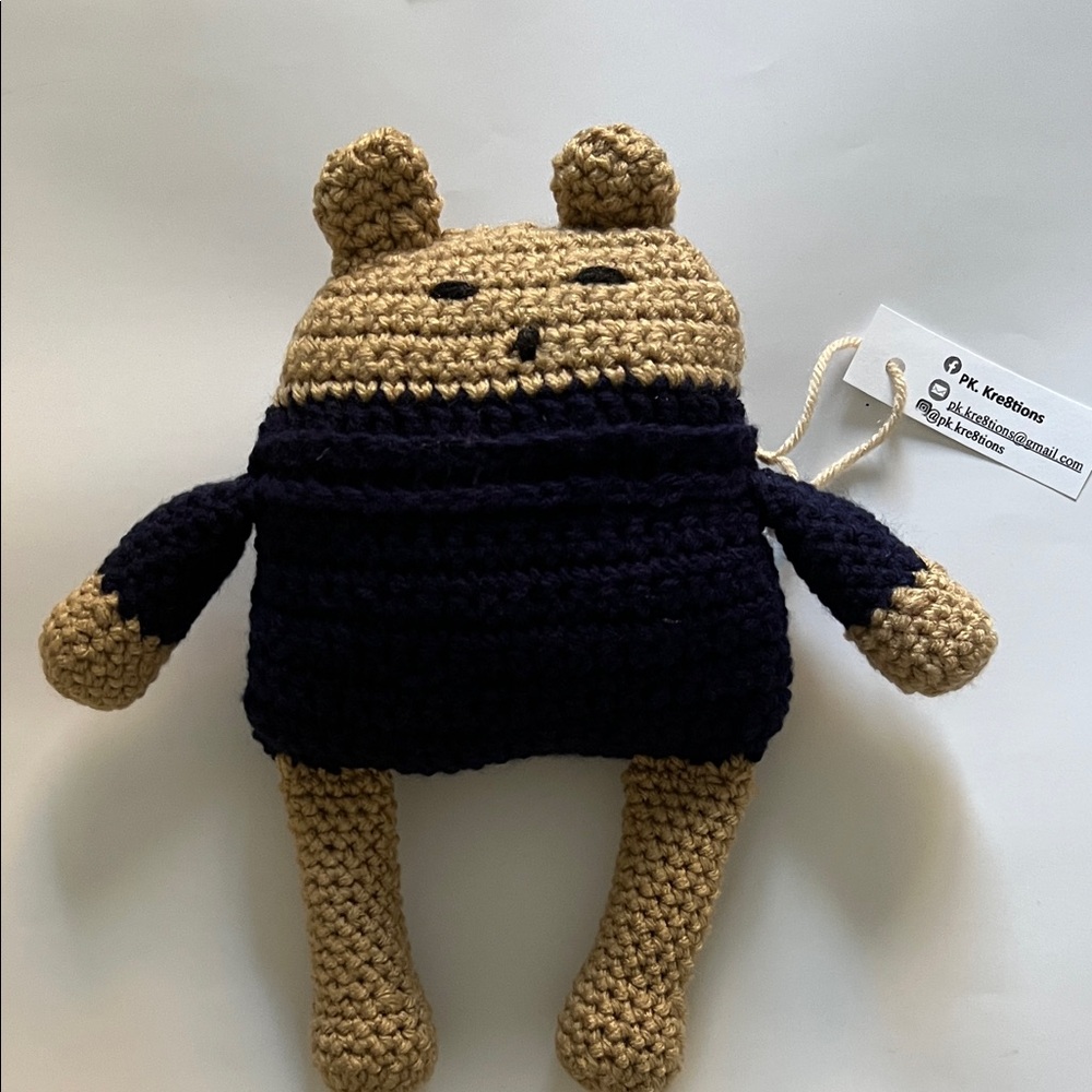 Hand Crafted Crochet Bear Toy - Tan and Navy